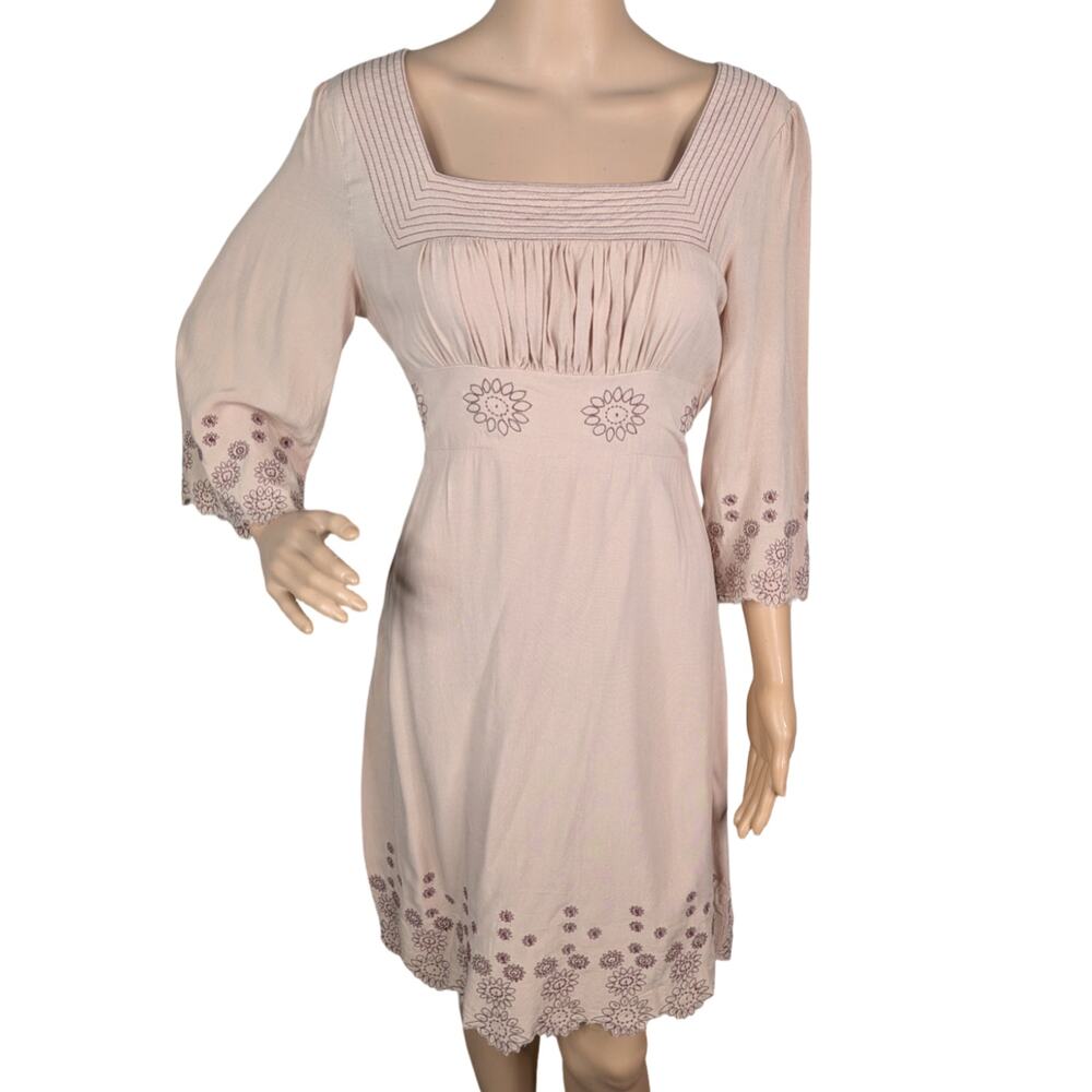 Vintage Y2K Lucca Beige Rayon Floral Eyelet Milkmaid Babydoll Mini Dress Medium